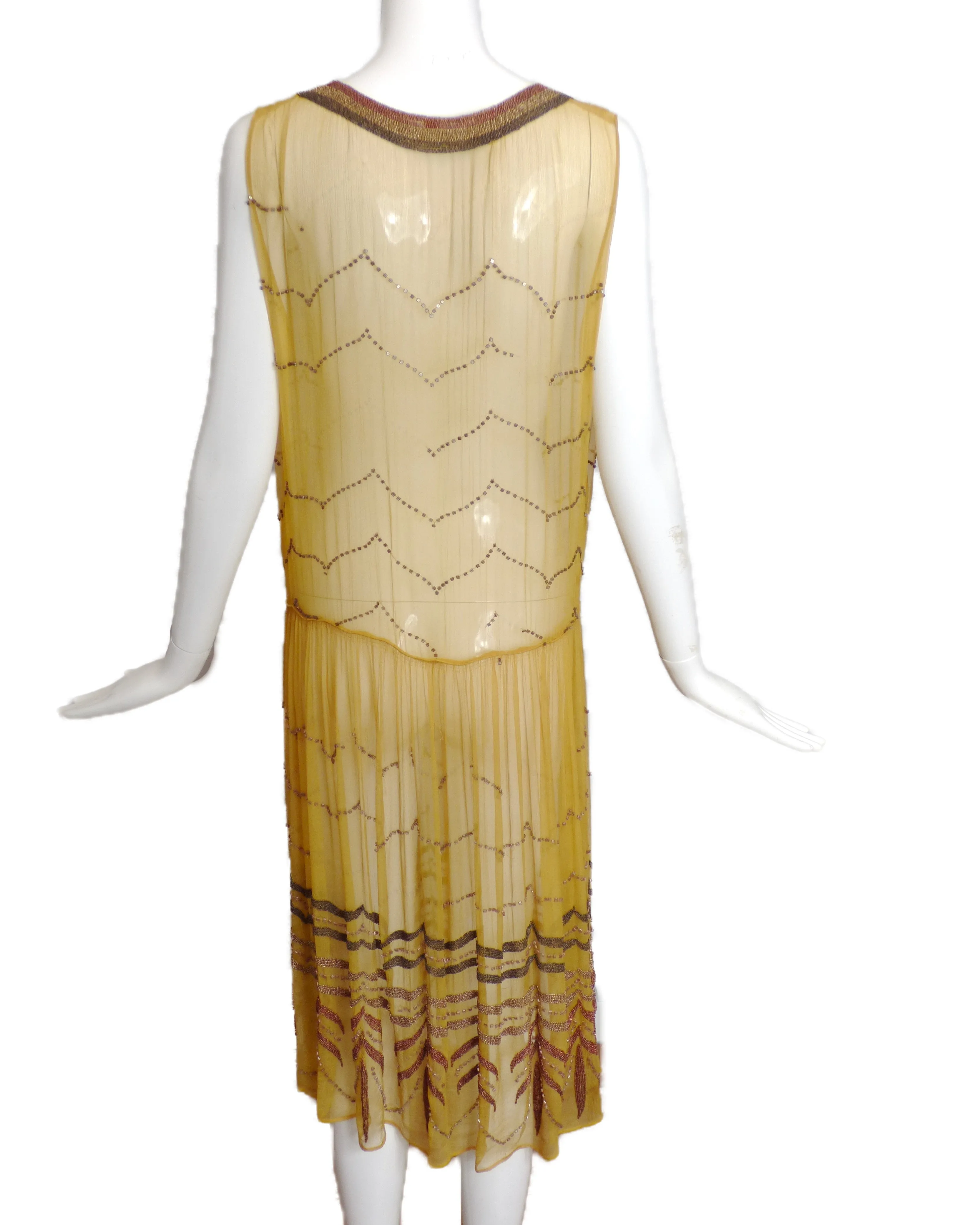 1920's Yellow Beaded Chiffon Evening Dress