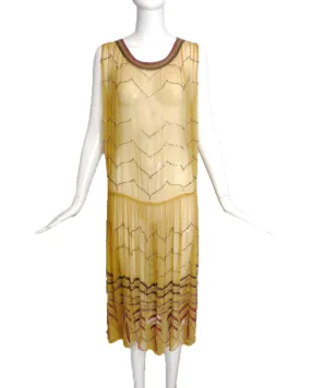 1920's Yellow Beaded Chiffon Evening Dress