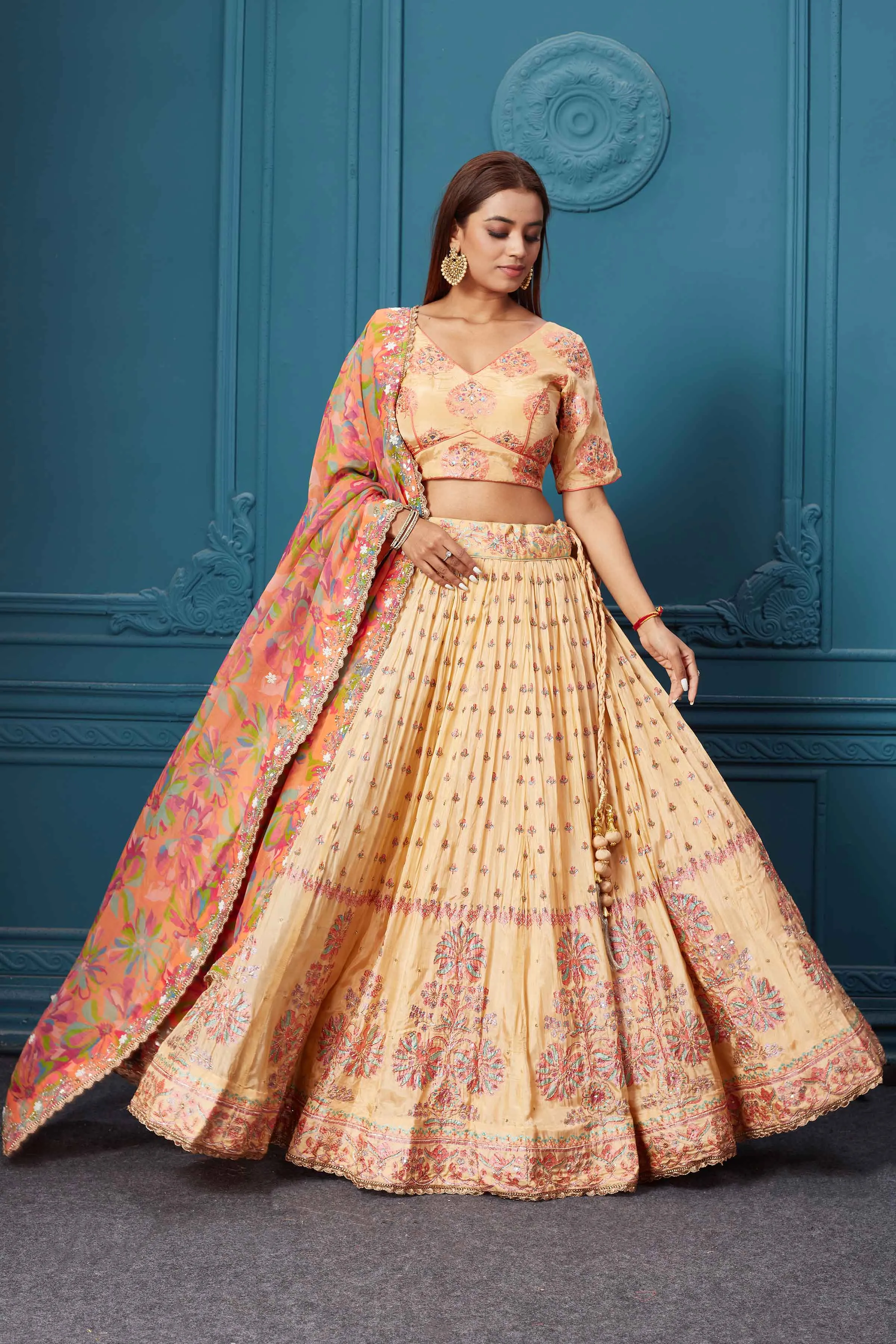 310027 Mustard Embroidered Lehenga with Floral Dupatta