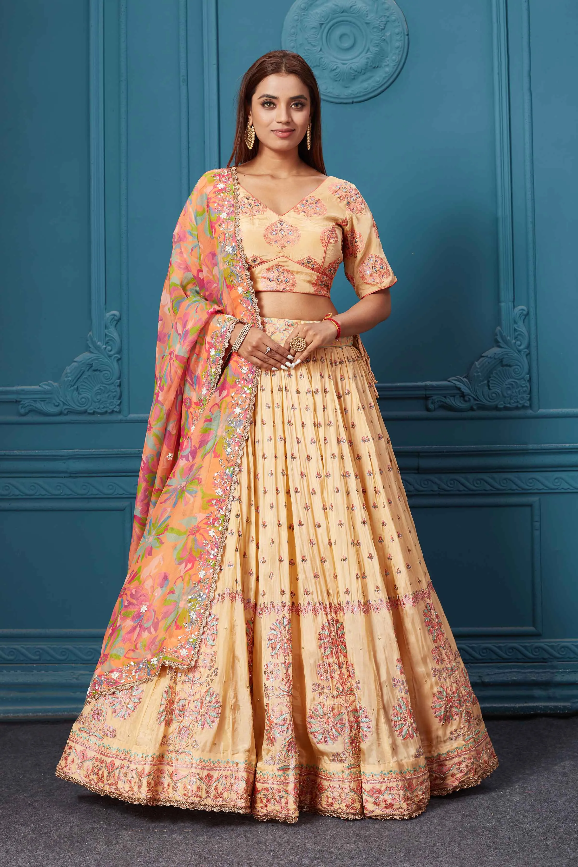 310027 Mustard Embroidered Lehenga with Floral Dupatta