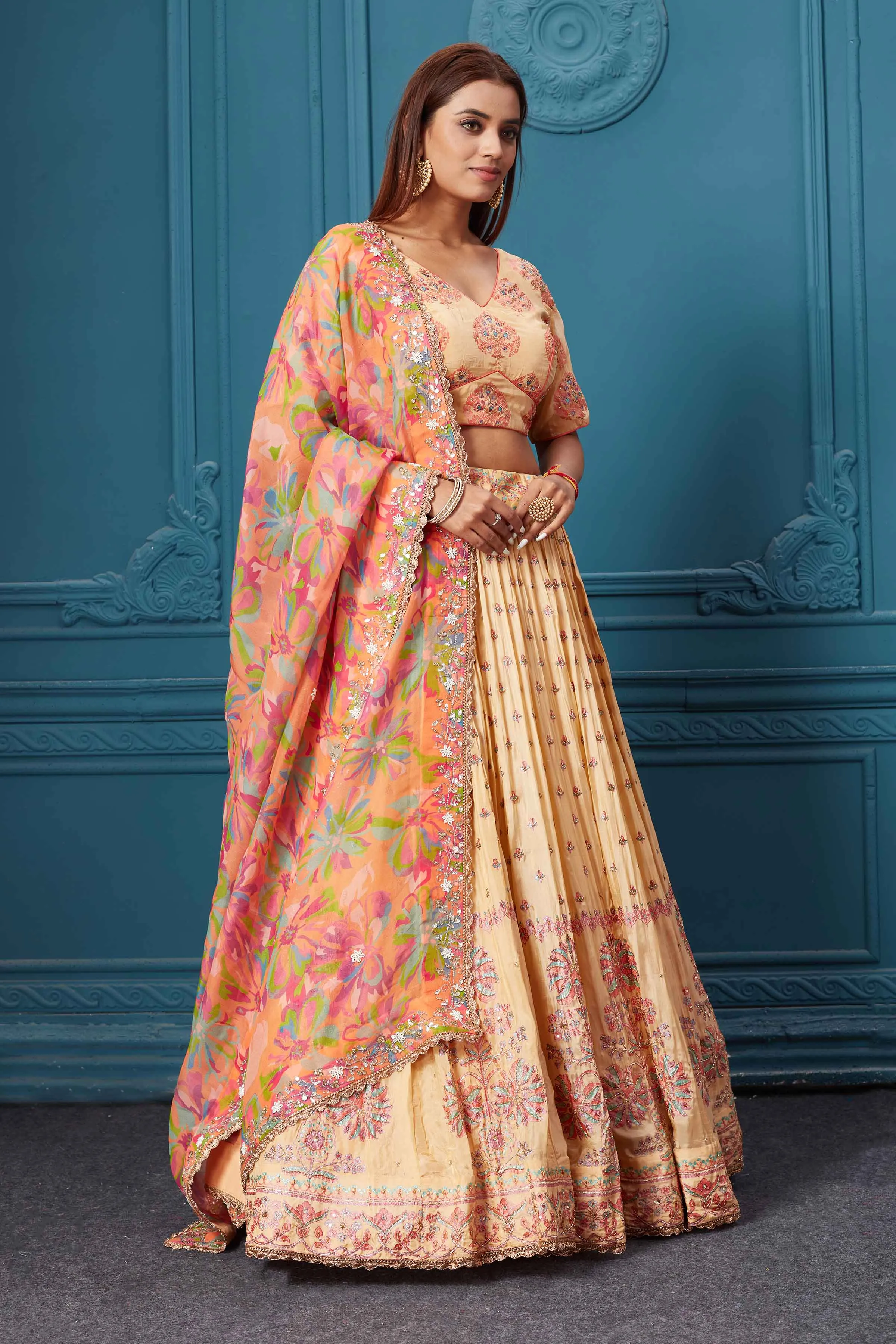 310027 Mustard Embroidered Lehenga with Floral Dupatta