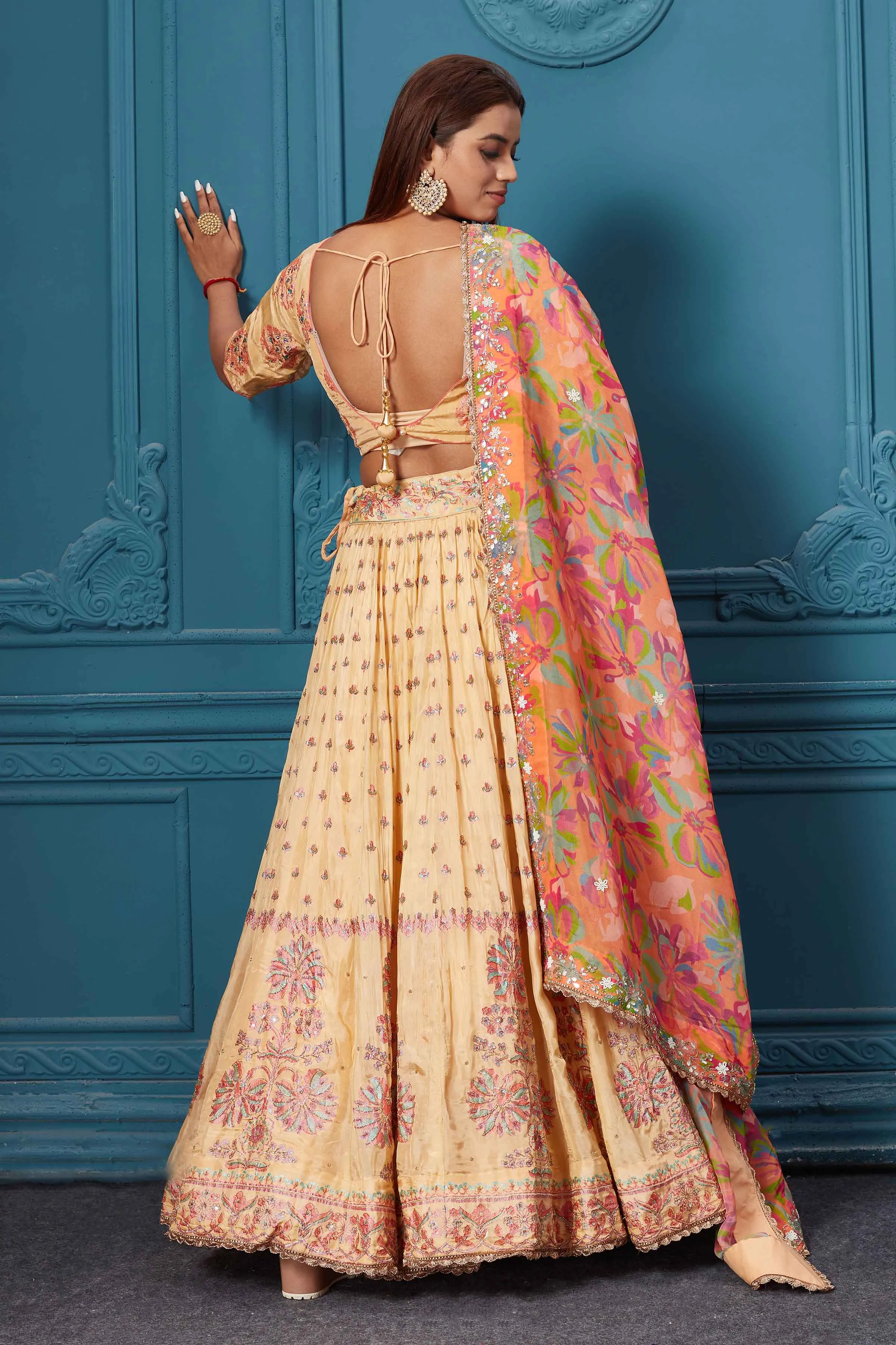 310027 Mustard Embroidered Lehenga with Floral Dupatta