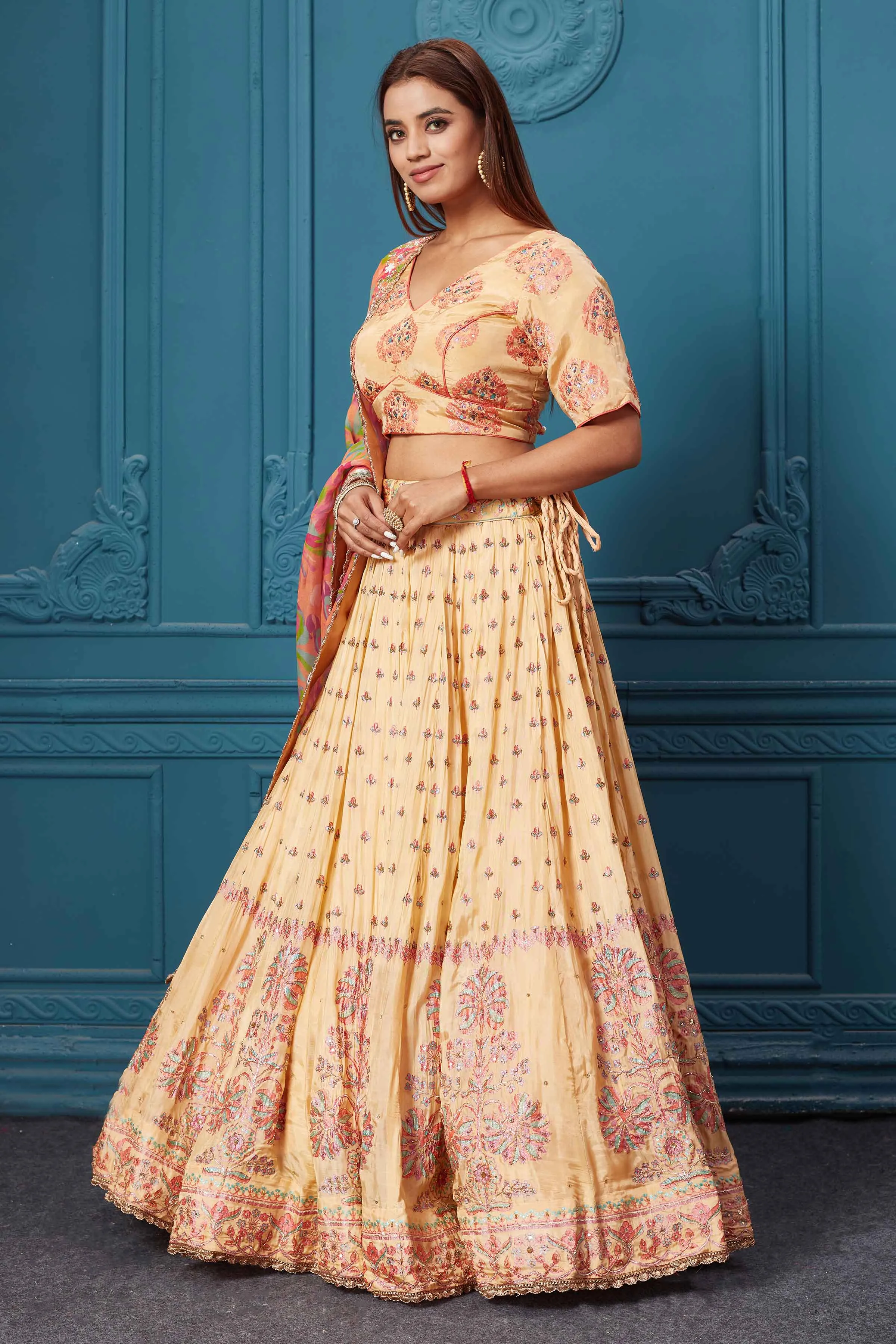 310027 Mustard Embroidered Lehenga with Floral Dupatta