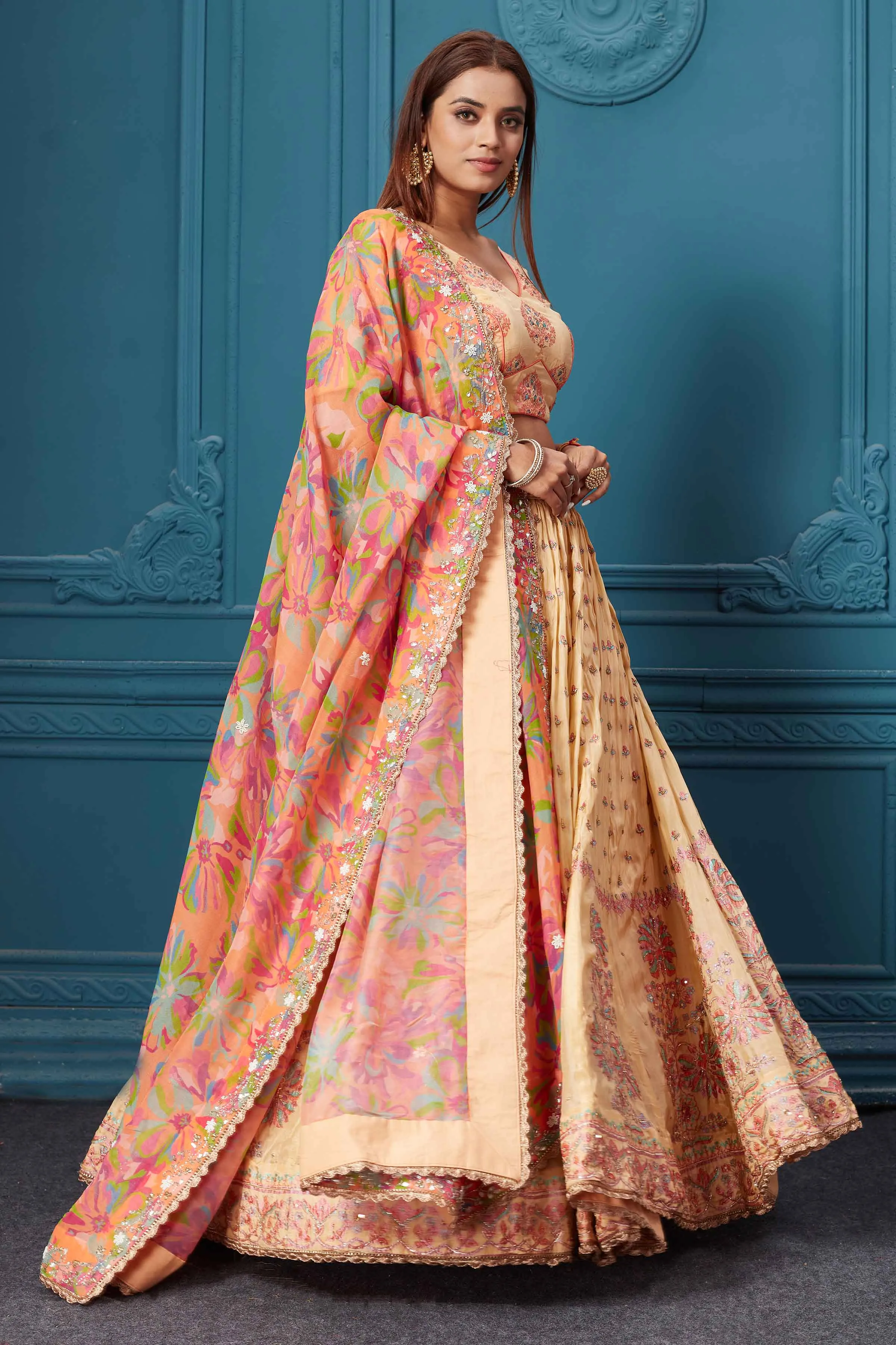 310027 Mustard Embroidered Lehenga with Floral Dupatta