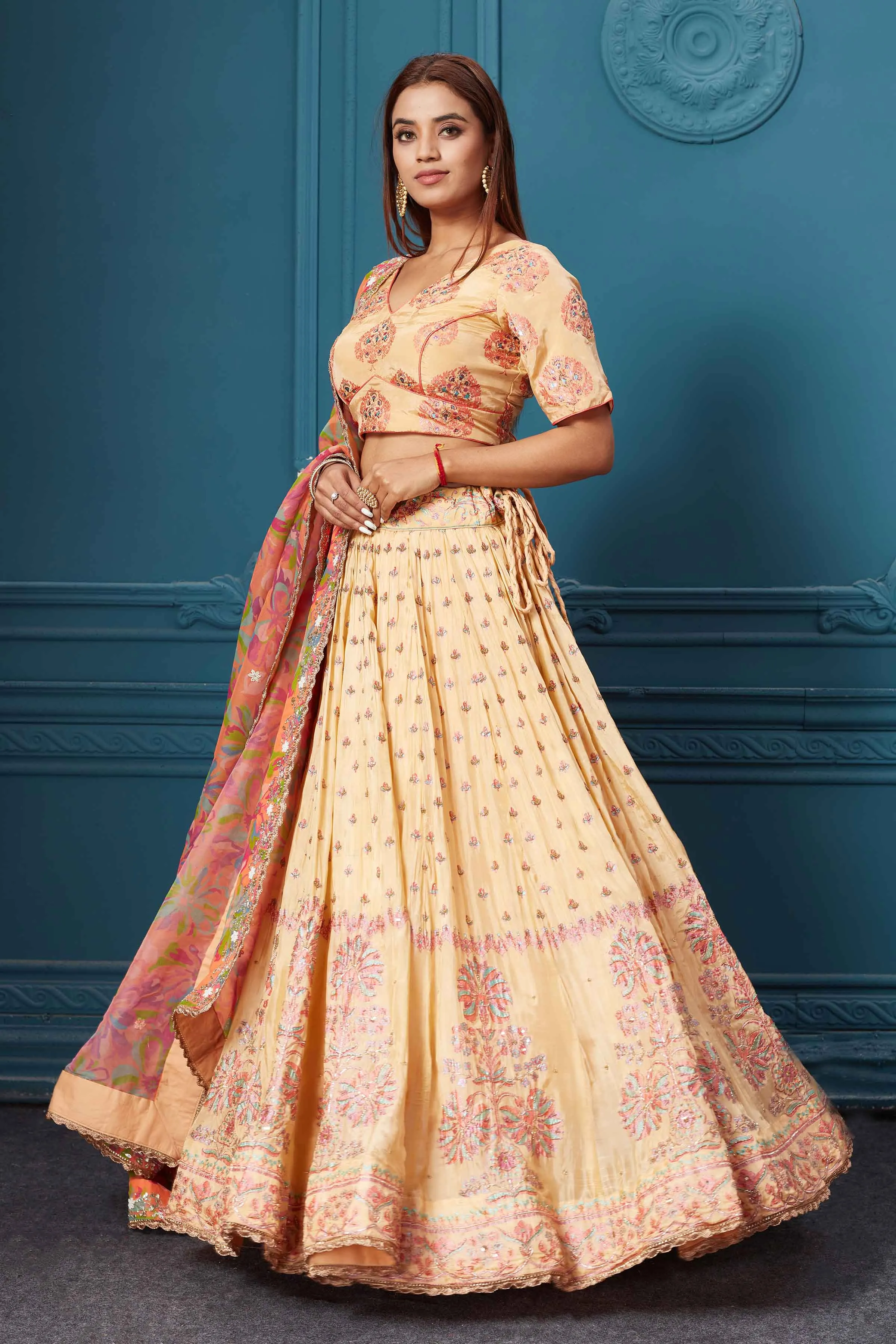 310027 Mustard Embroidered Lehenga with Floral Dupatta