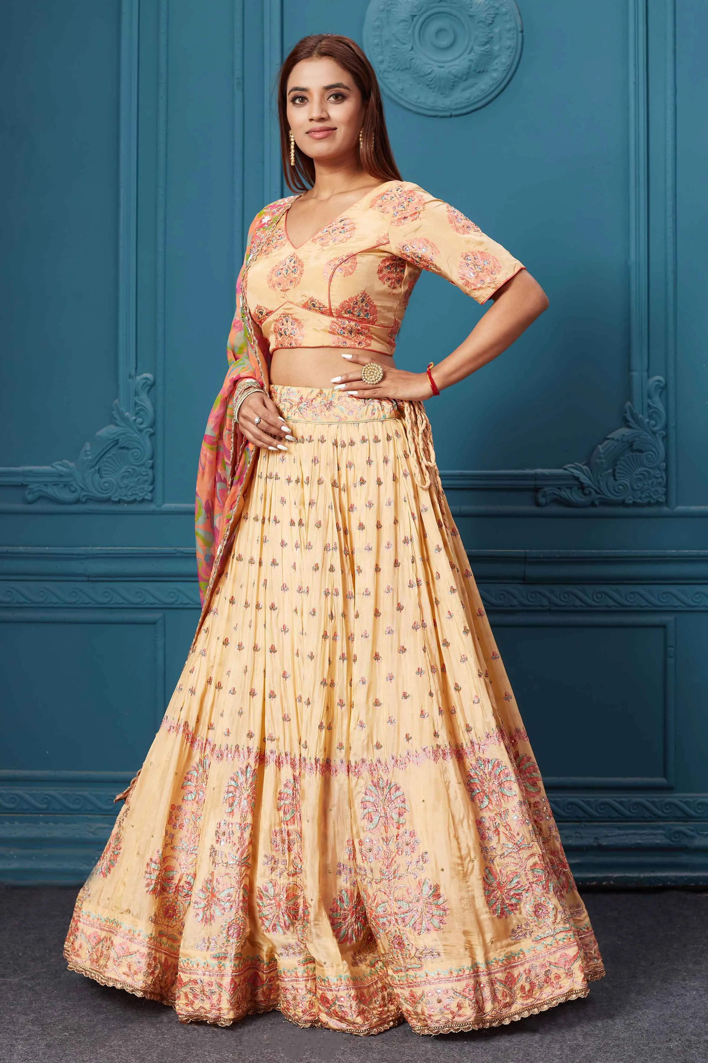 310027 Mustard Embroidered Lehenga with Floral Dupatta