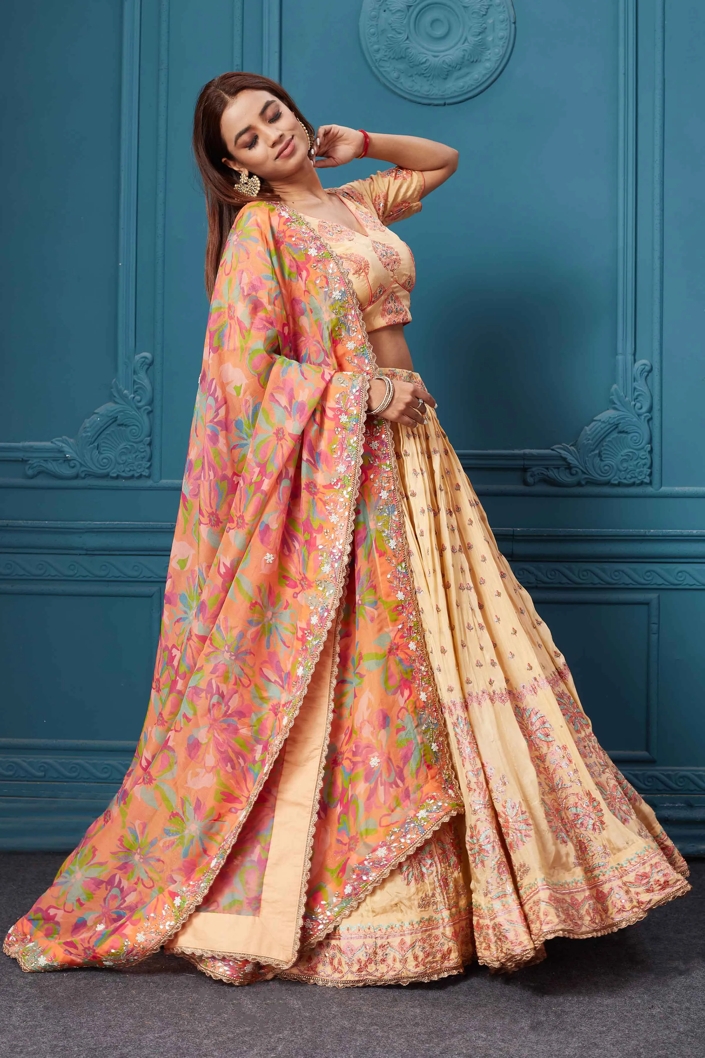 310027 Mustard Embroidered Lehenga with Floral Dupatta