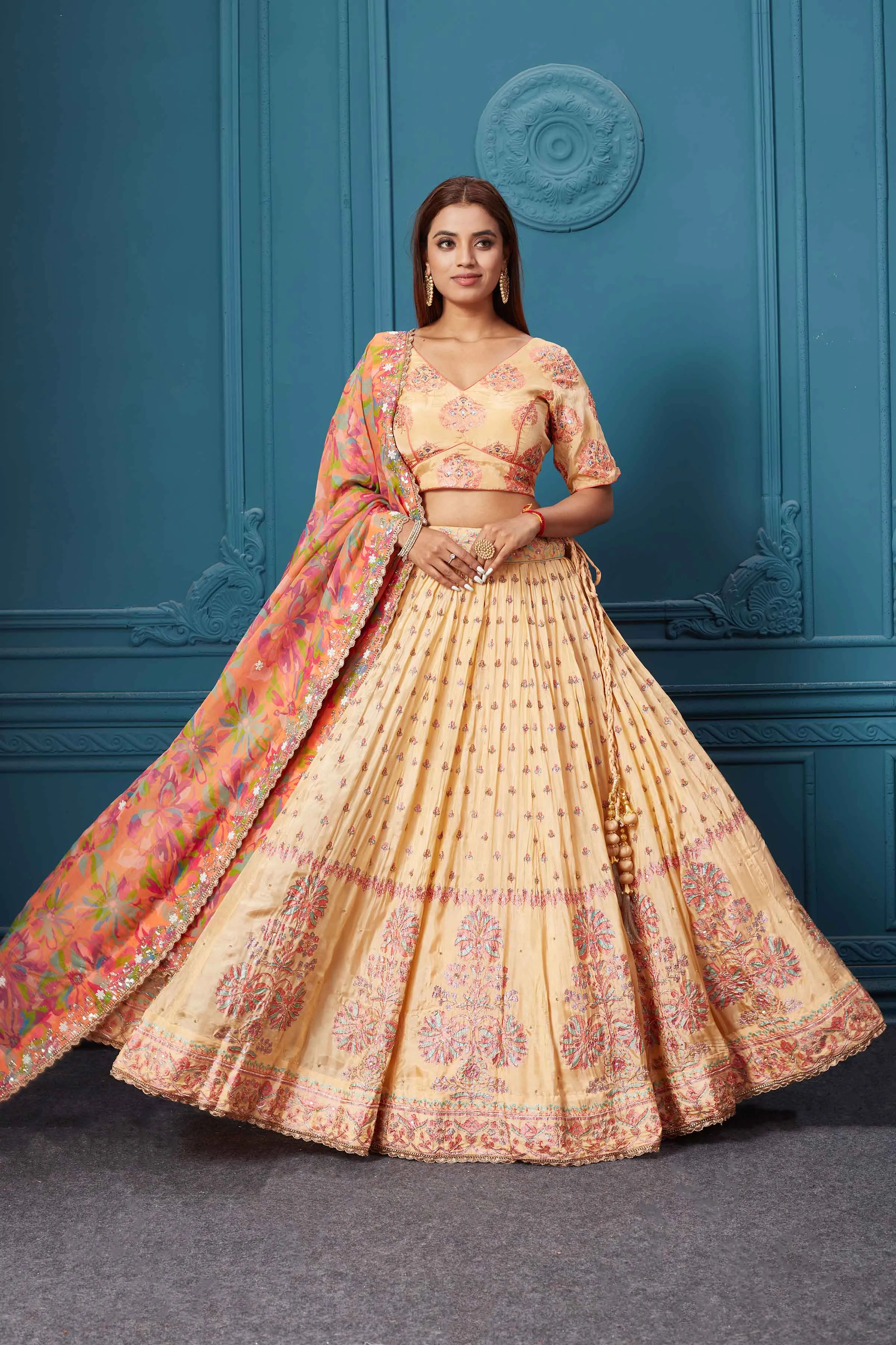 310027 Mustard Embroidered Lehenga with Floral Dupatta