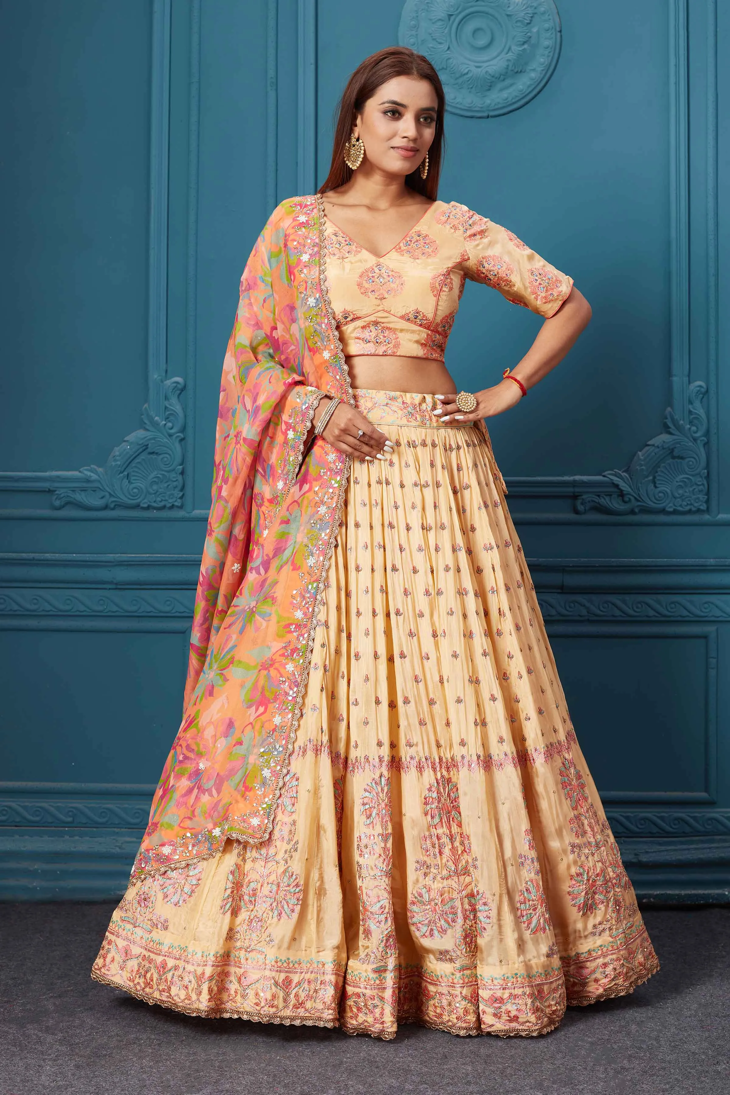 310027 Mustard Embroidered Lehenga with Floral Dupatta