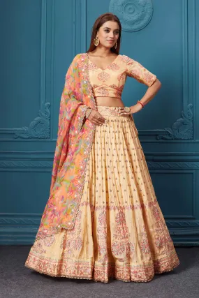 310027 Mustard Embroidered Lehenga with Floral Dupatta