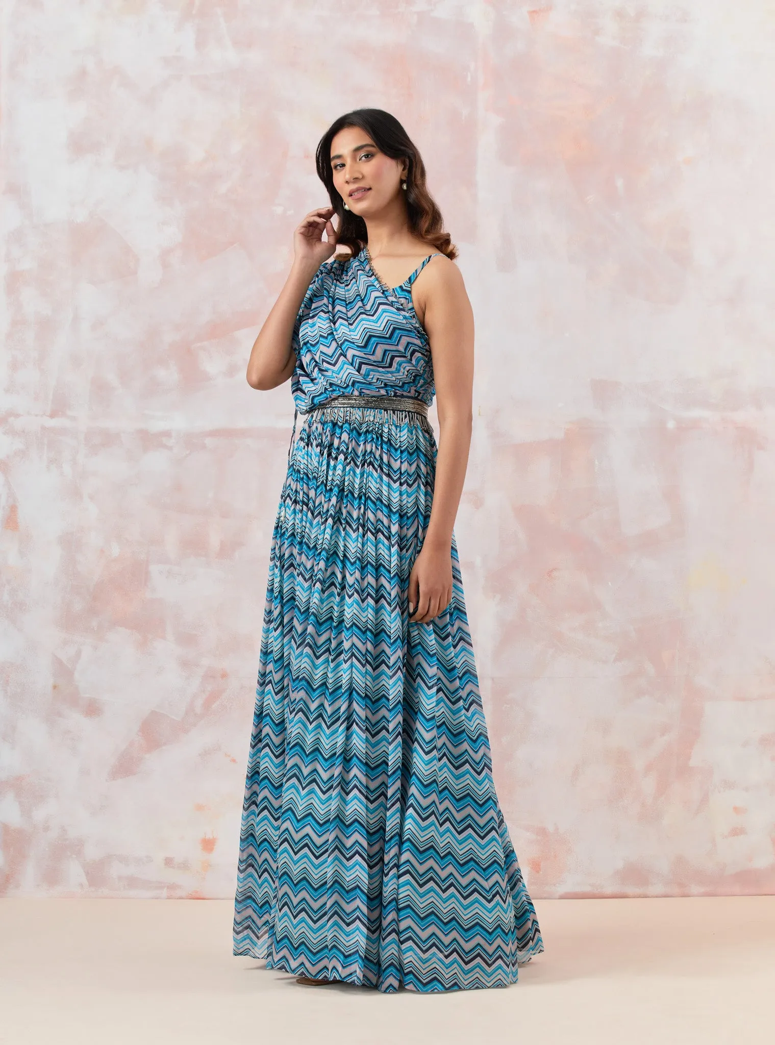 50Z861-RO Blue Gown With Embroidered Belt