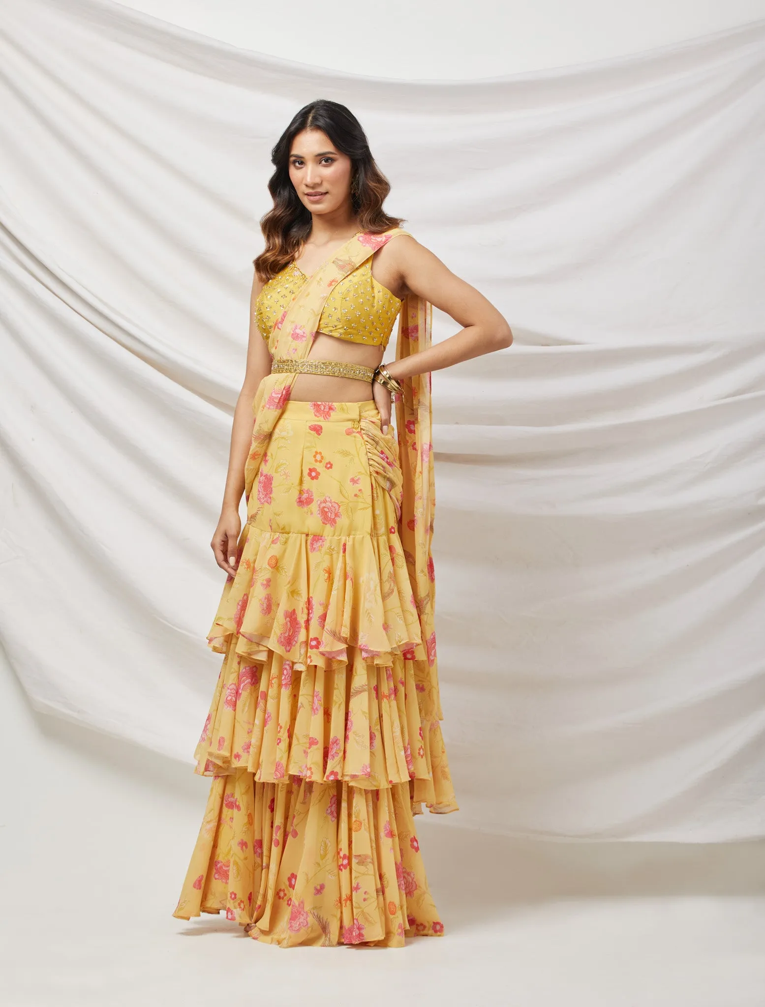 90Z851-NRO Yellow Georgette Ruffle Drapped Saree Set