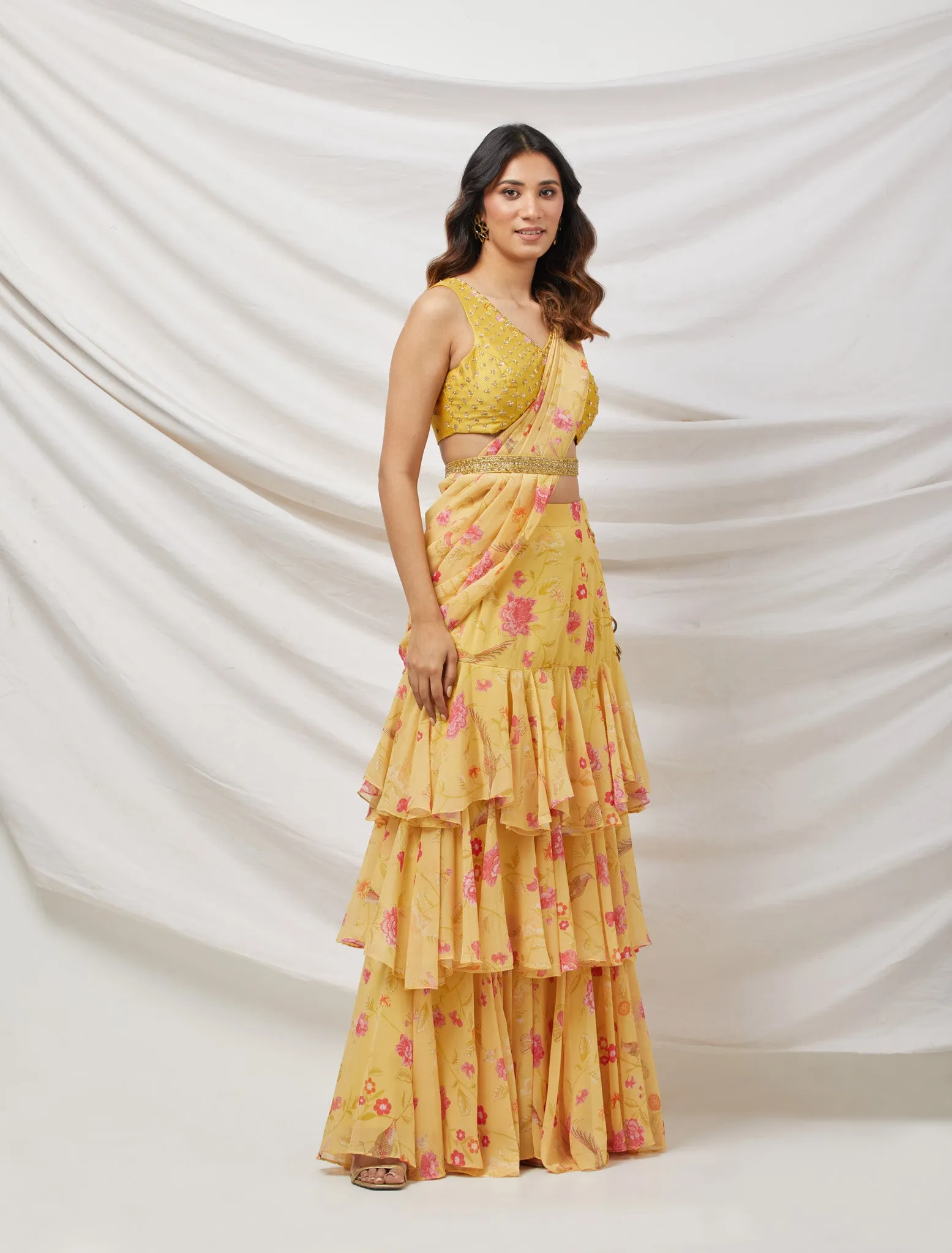 90Z851-NRO Yellow Georgette Ruffle Drapped Saree Set