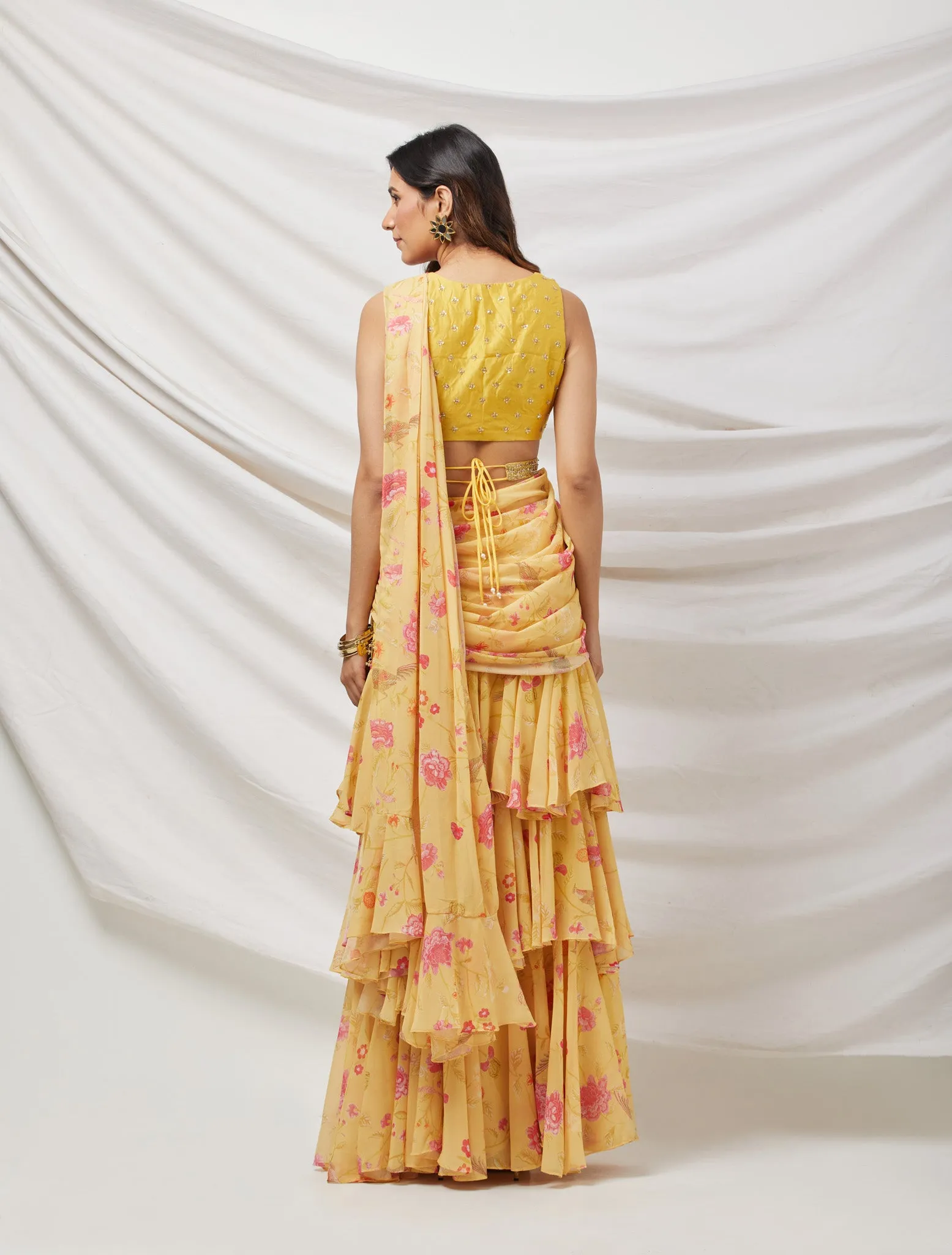 90Z851-NRO Yellow Georgette Ruffle Drapped Saree Set