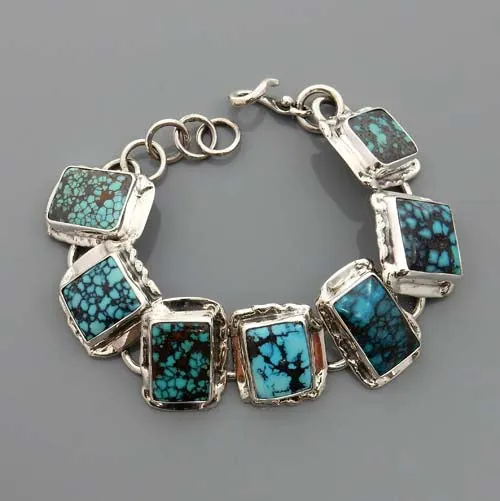 Adjustable Handmade Sterling Silver Spider Web Turquoise Link Bracelet