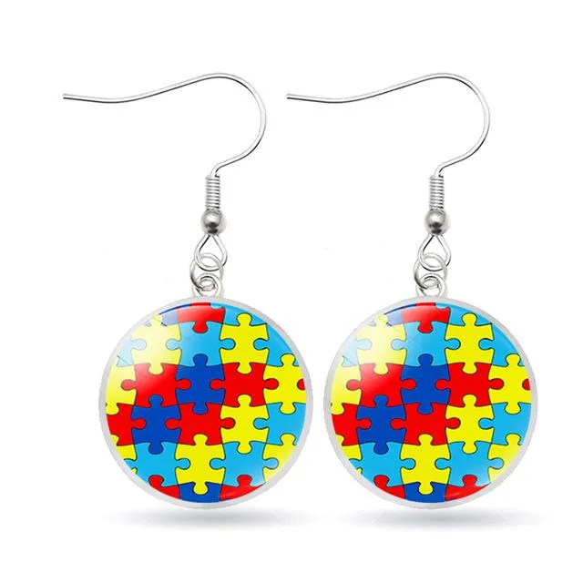 Autism Awareness Earrings Puzzle Drop Earrings Glass Dome Art Picture Fish Hook Earrings Souvenir Handmade Gift Jewelry