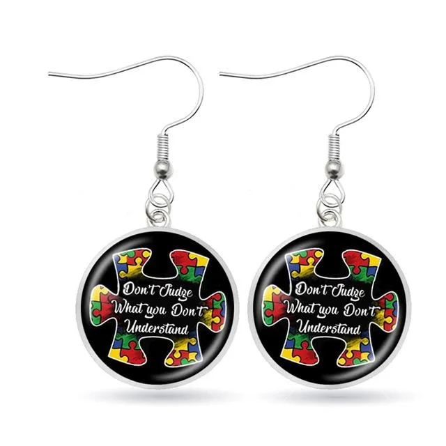 Autism Awareness Earrings Puzzle Drop Earrings Glass Dome Art Picture Fish Hook Earrings Souvenir Handmade Gift Jewelry