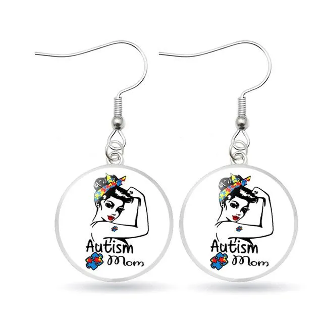 Autism Awareness Earrings Puzzle Drop Earrings Glass Dome Art Picture Fish Hook Earrings Souvenir Handmade Gift Jewelry