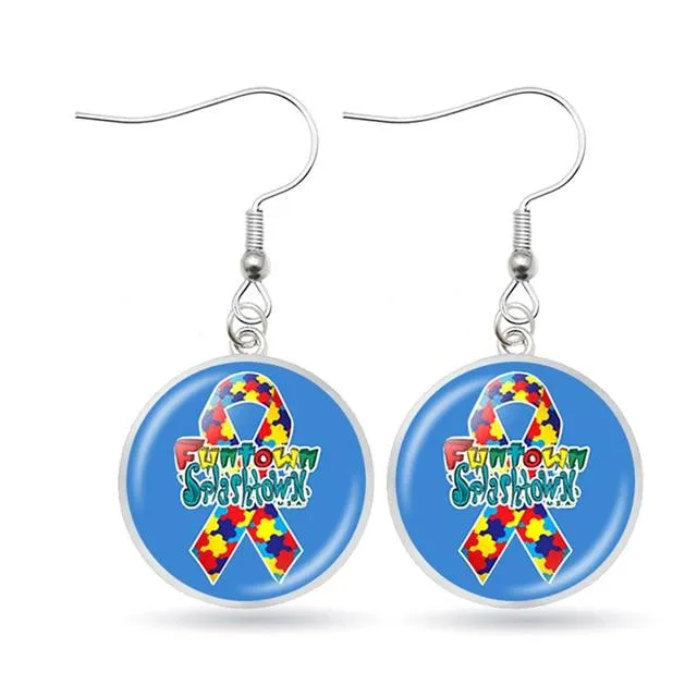 Autism Awareness Earrings Puzzle Drop Earrings Glass Dome Art Picture Fish Hook Earrings Souvenir Handmade Gift Jewelry