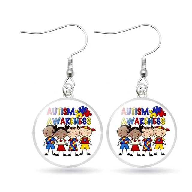 Autism Awareness Earrings Puzzle Drop Earrings Glass Dome Art Picture Fish Hook Earrings Souvenir Handmade Gift Jewelry