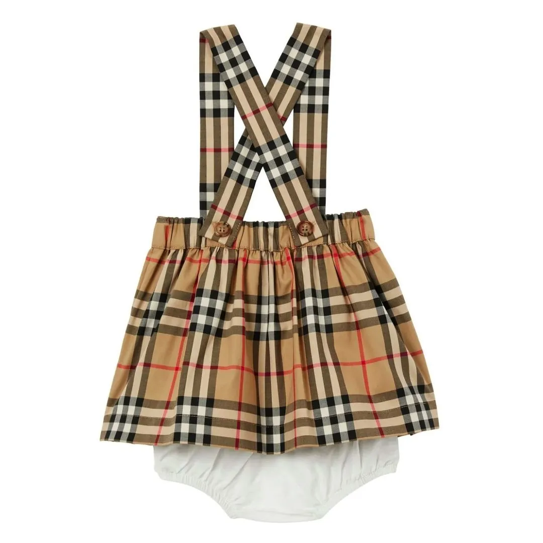 Beige Check Cotton Skirt Set