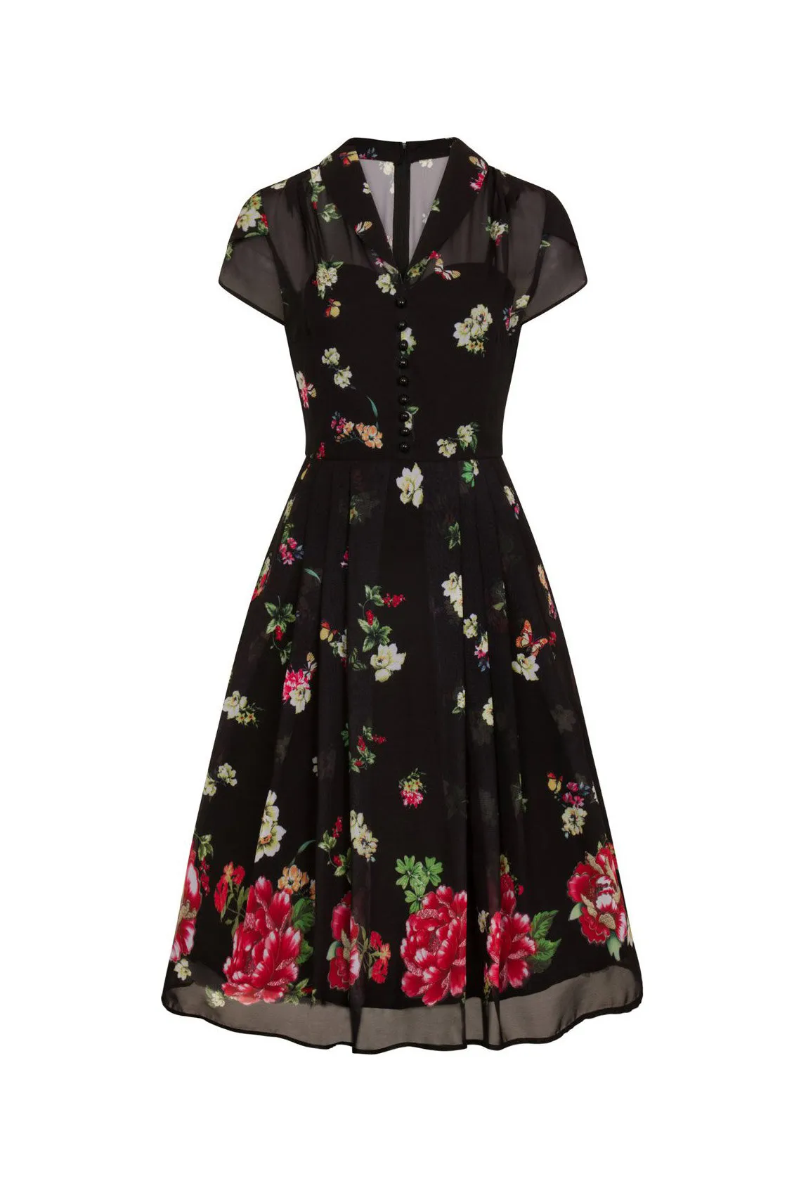 Black Floral and Butterfly Print Chiffon Overlay Retro 40s Tea Dress