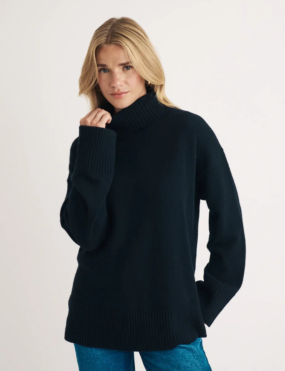 Black Oversized Roll Neck Wool Knitted Jumper