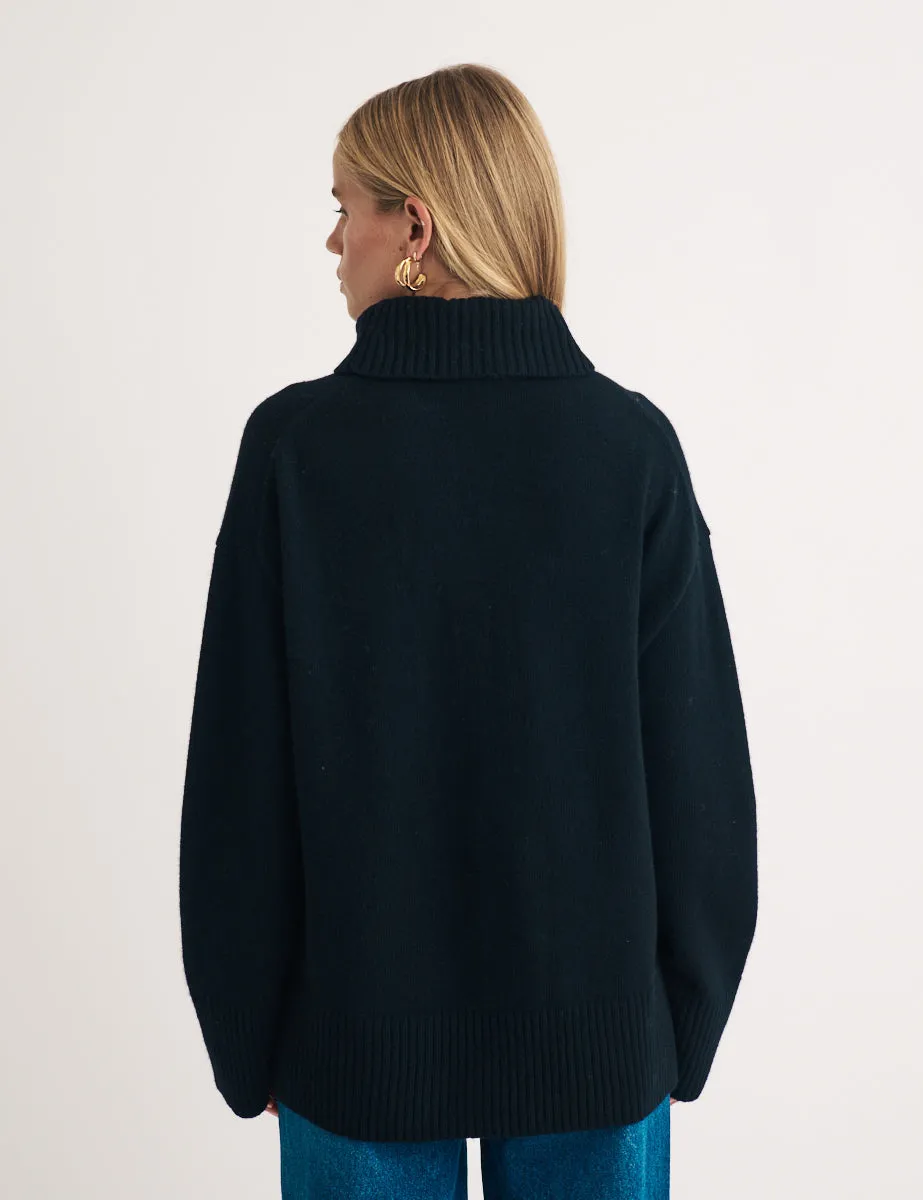 Black Oversized Roll Neck Wool Knitted Jumper