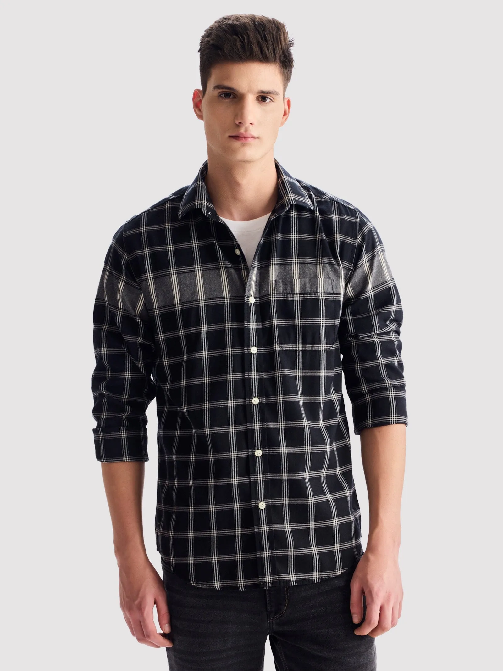 Black Pure Cotton Checked Shirt