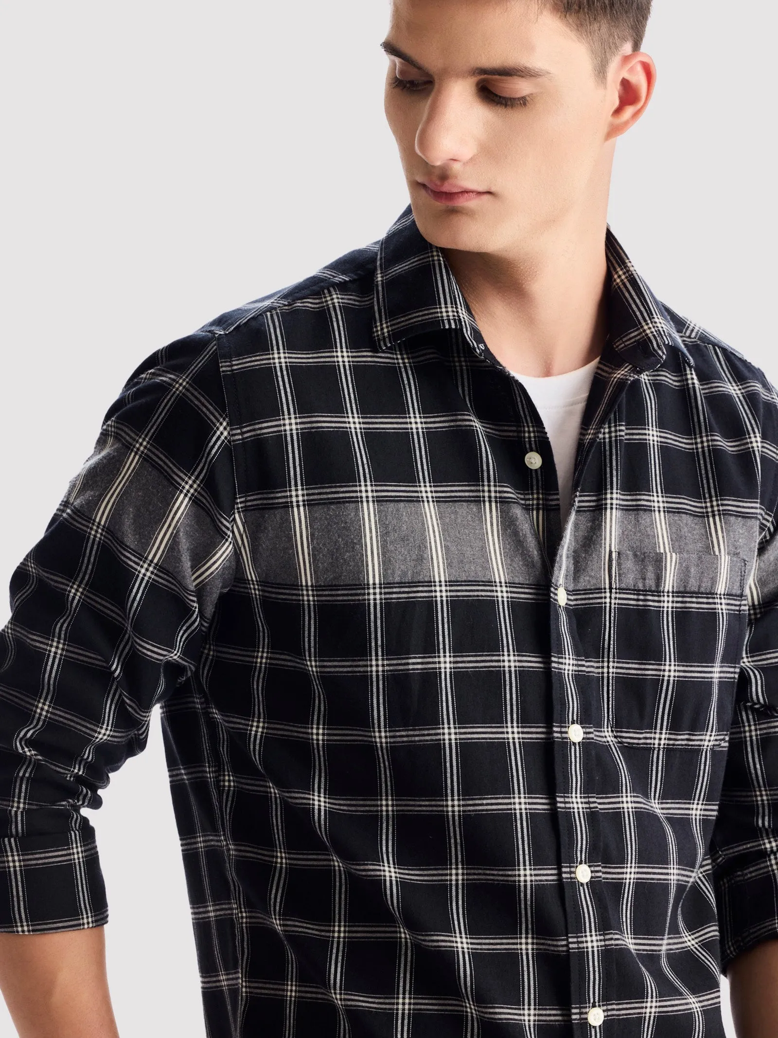 Black Pure Cotton Checked Shirt