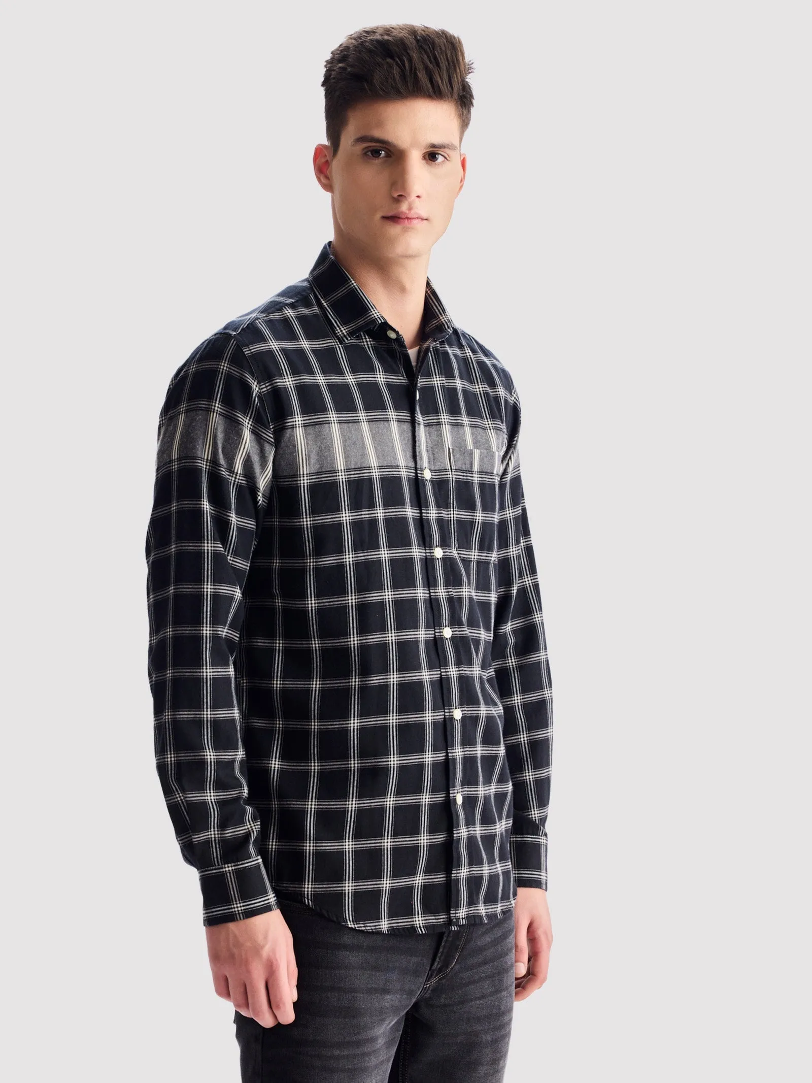 Black Pure Cotton Checked Shirt