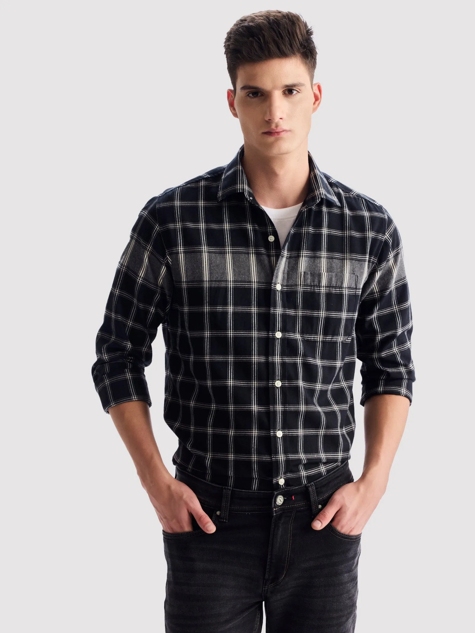 Black Pure Cotton Checked Shirt