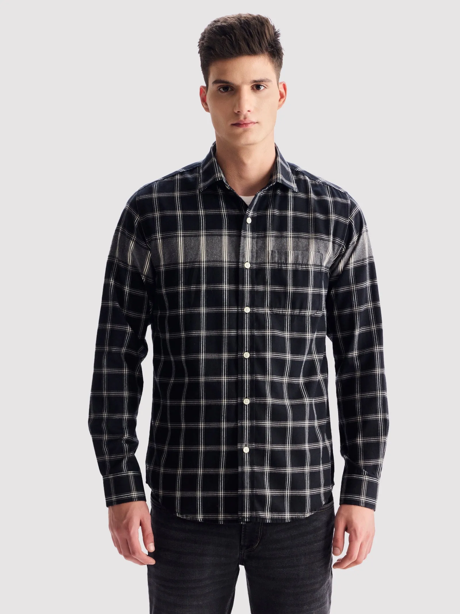 Black Pure Cotton Checked Shirt