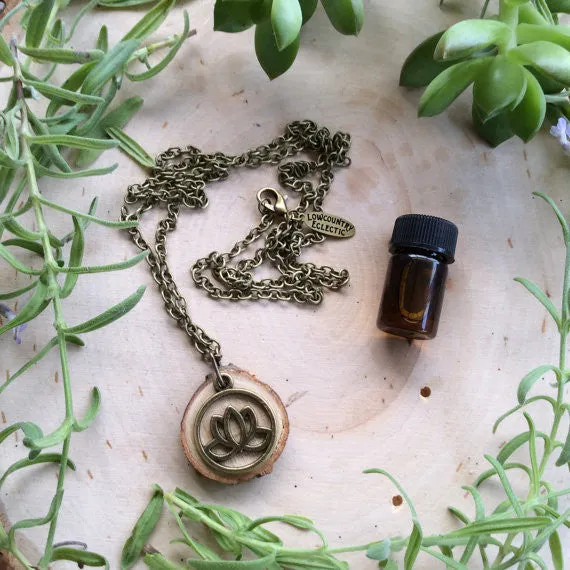 Brass Lotus Essential Oil Diffuser Necklace Made with Untreated Wood -- FREE SHIPPING