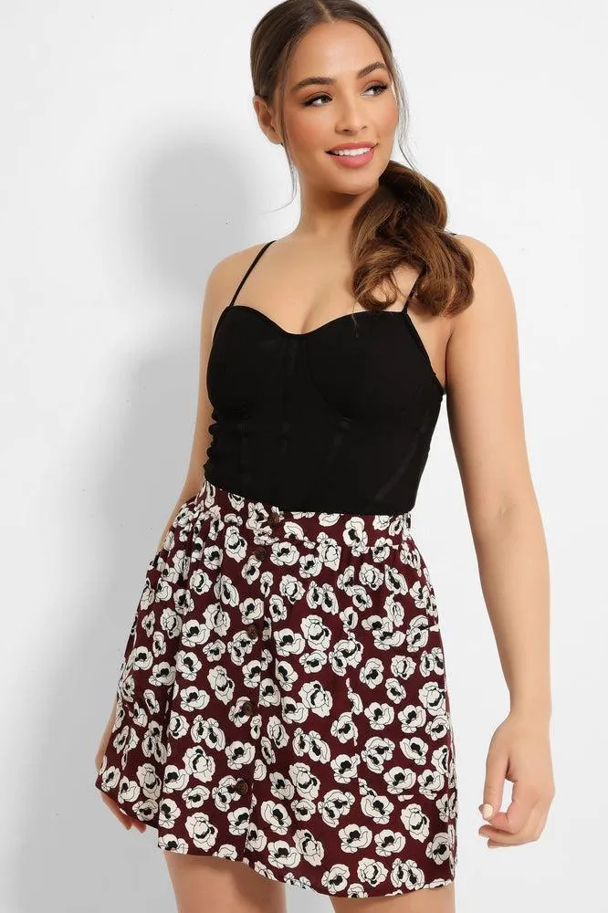 Burgundy Poppy Floral Print Pocketed Skirt