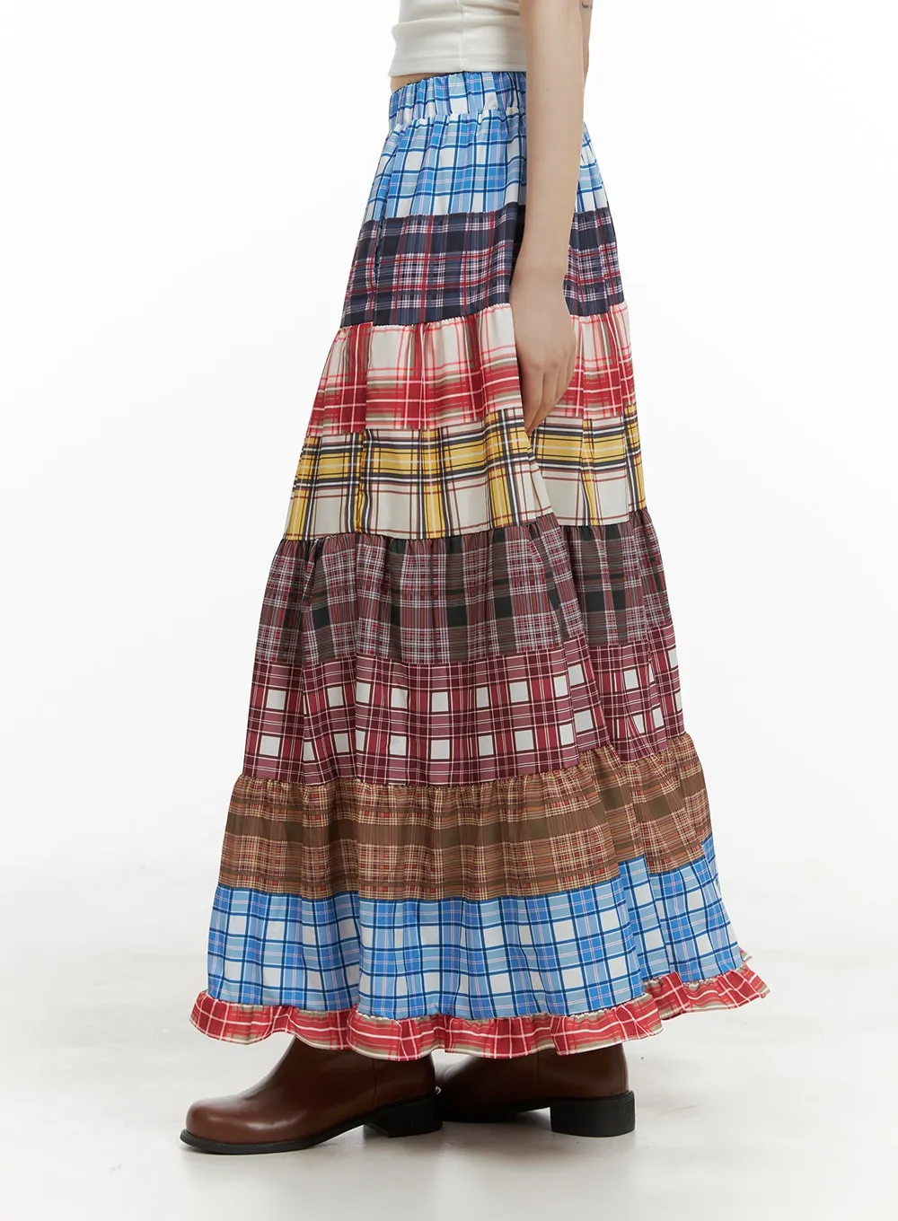 Checkered Ruffle Patchwork Maxi Skirt CA411