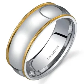 Classic Two-Tone 8mm Men's Genuine Titanium Band, Milgrain Edge, Comfort Fit, Size 8