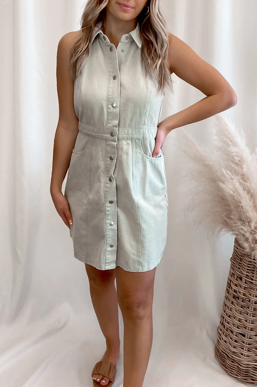 Collared Light Olive Sleeveless Denim Dress- FINAL SALE