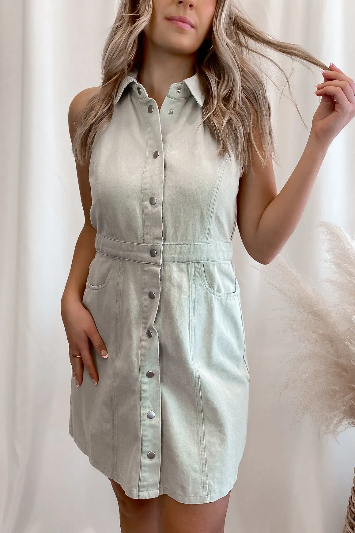 Collared Light Olive Sleeveless Denim Dress- FINAL SALE