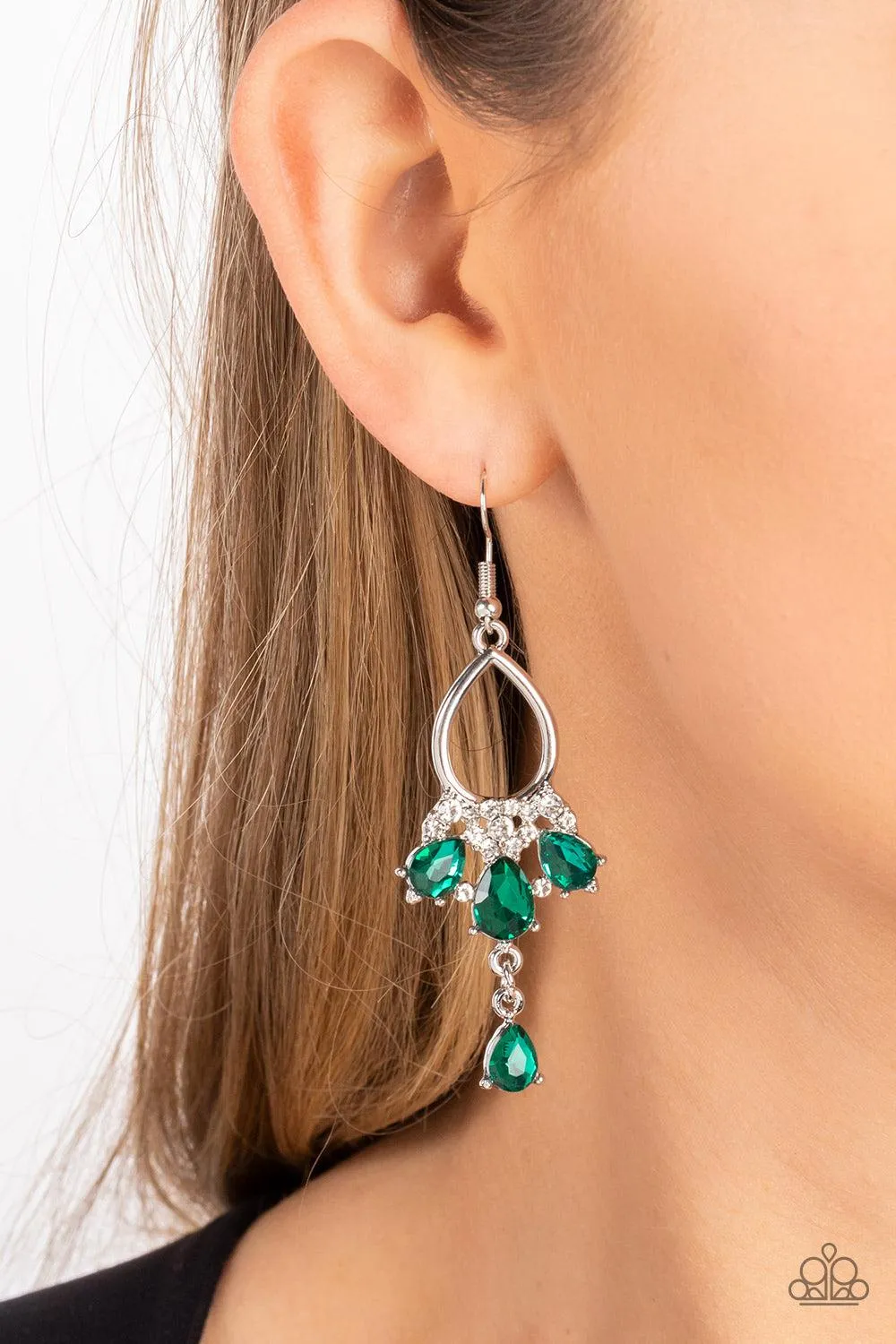 Coming in Clutch Green Rhinestone Earrings - Paparazzi Accessories