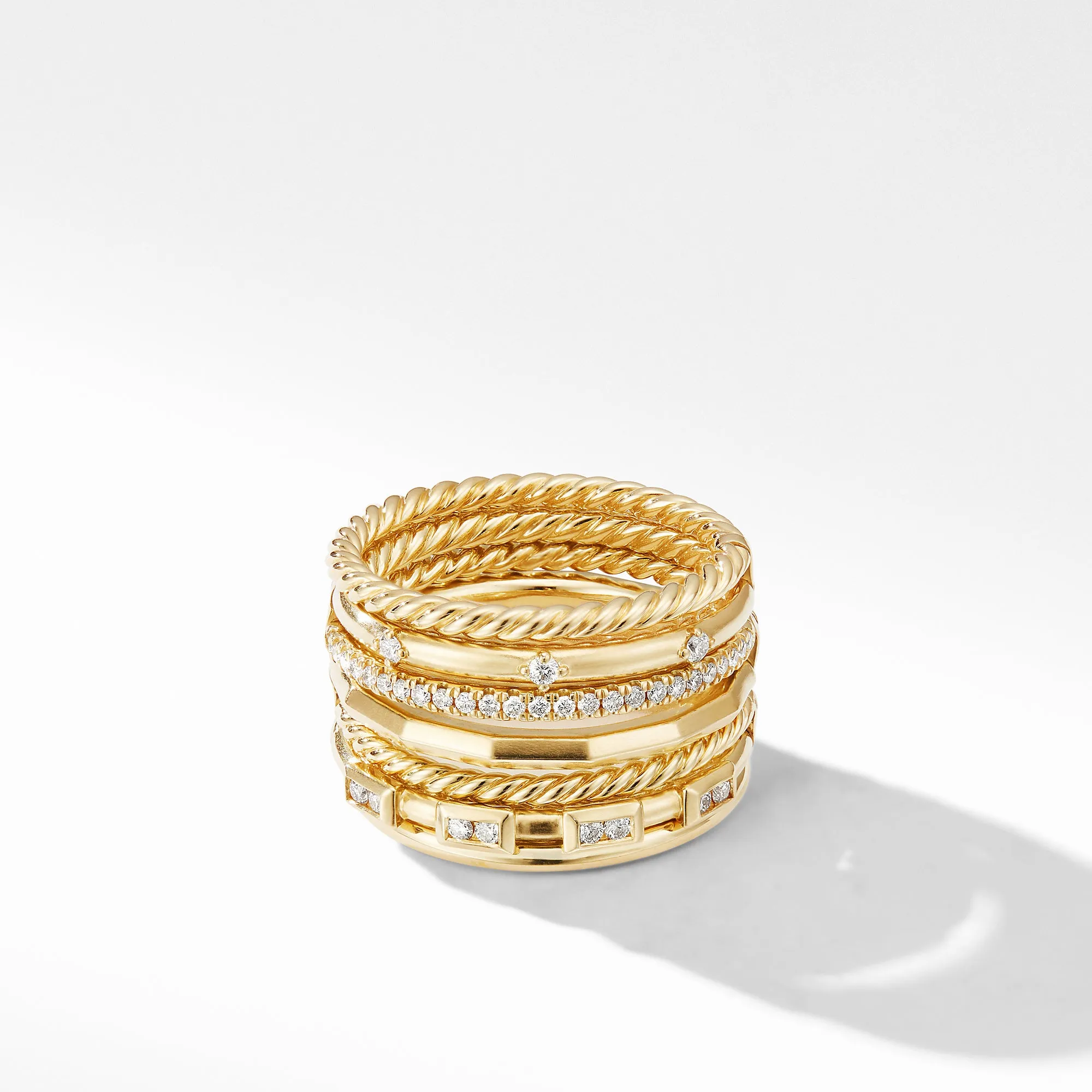 David Yurman Stax Cable and Pave Diamond Ring in 18K Yellow Gold, 12MM