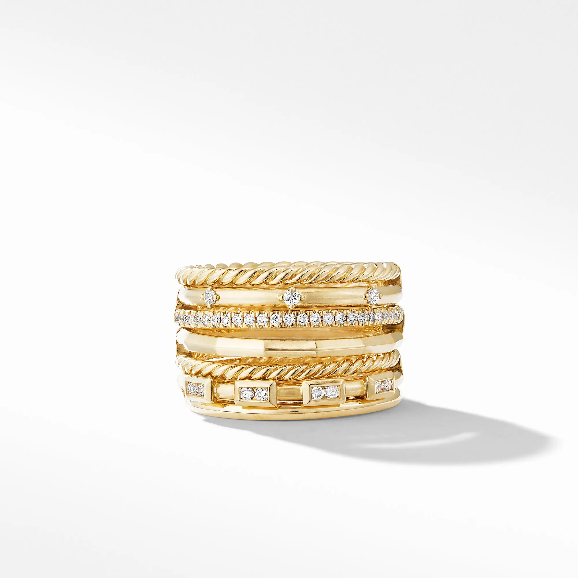 David Yurman Stax Cable and Pave Diamond Ring in 18K Yellow Gold, 12MM