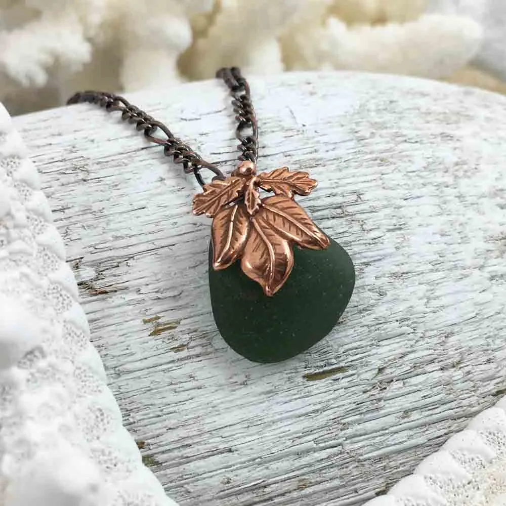 Deep Olive on Bronze Sea Glass Pendant with Leaf Bail | #1073