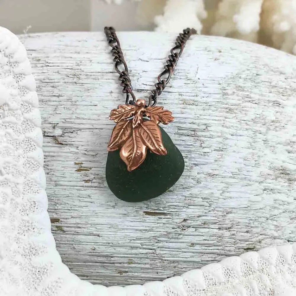 Deep Olive on Bronze Sea Glass Pendant with Leaf Bail | #1073