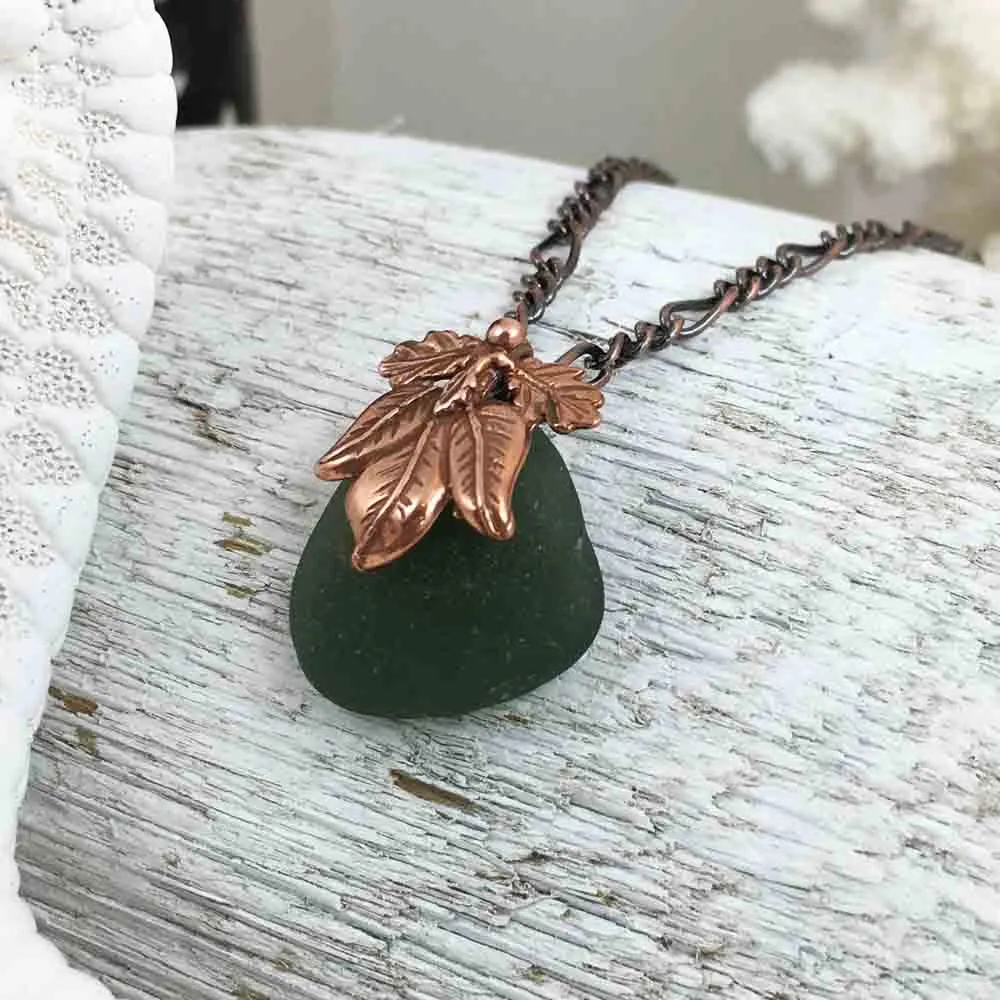 Deep Olive on Bronze Sea Glass Pendant with Leaf Bail | #1073