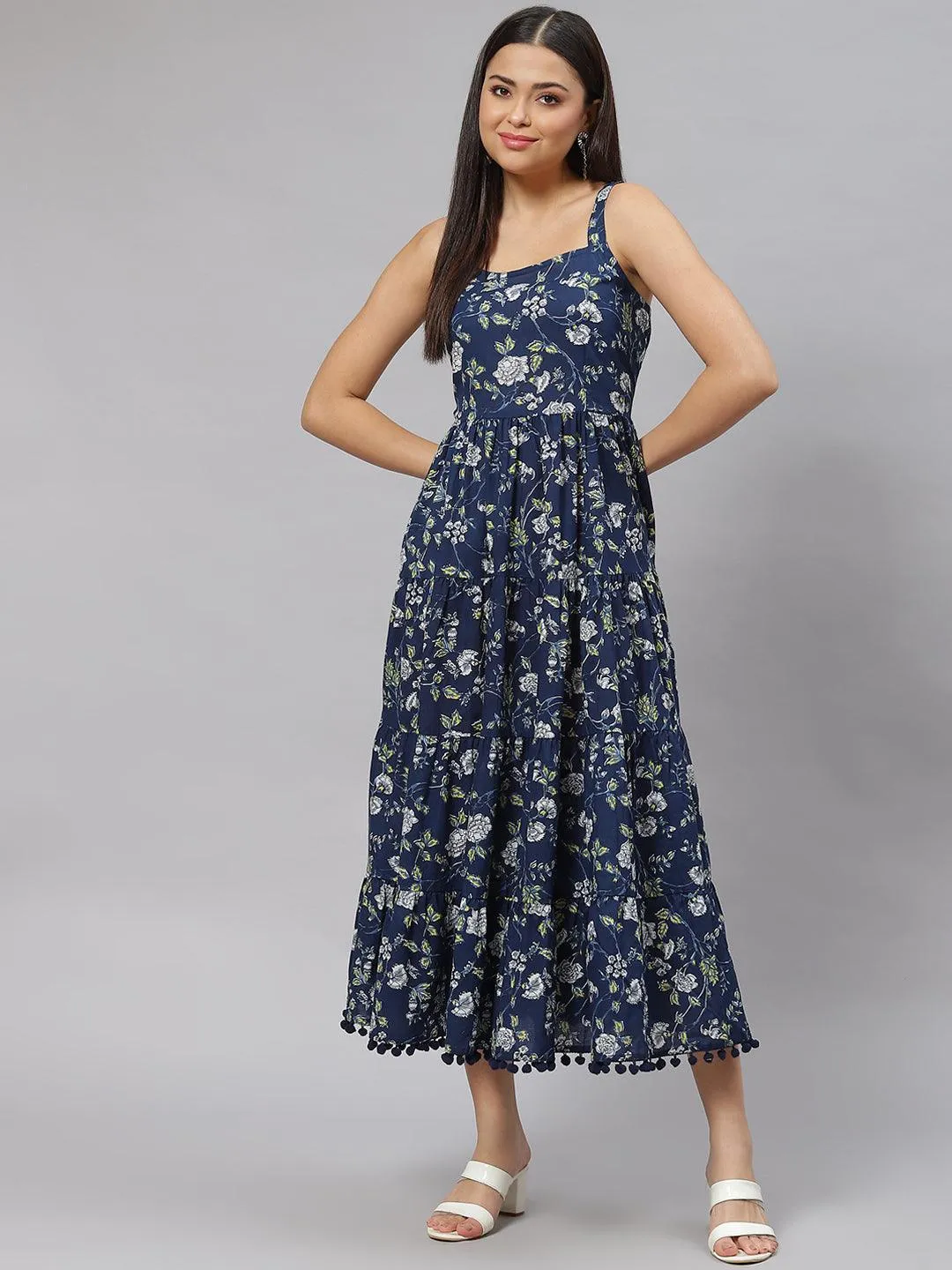 Divena Blue Floral Shoulder Strip Long Dress