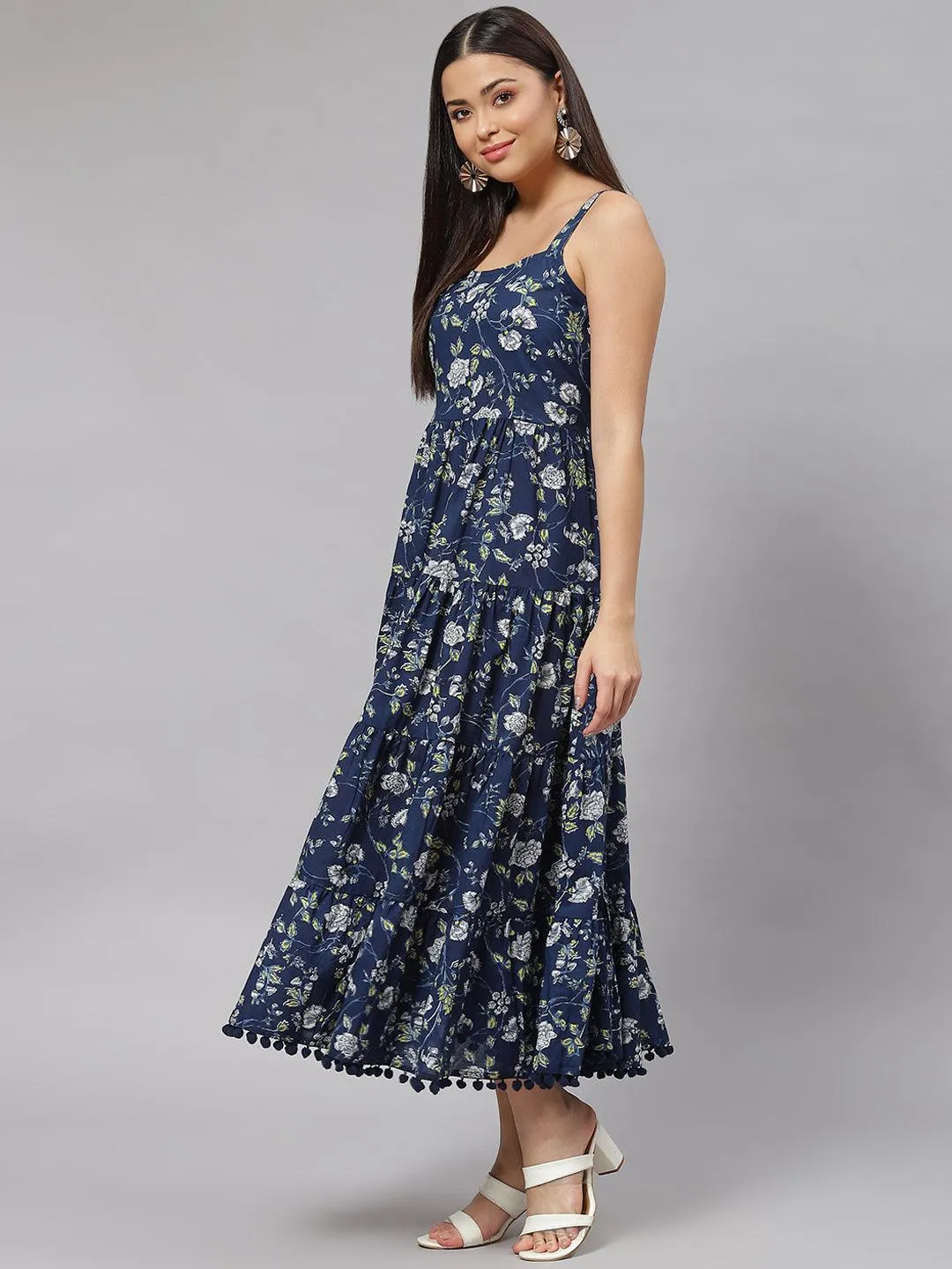 Divena Blue Floral Shoulder Strip Long Dress