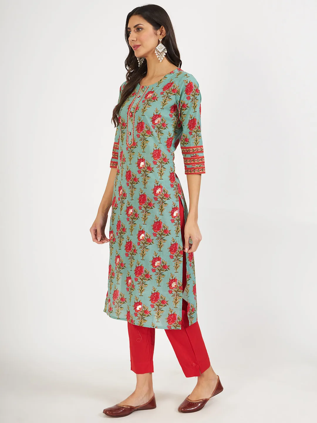 Divena Green Floral Print Cotton Kurta pant with Dupatta set