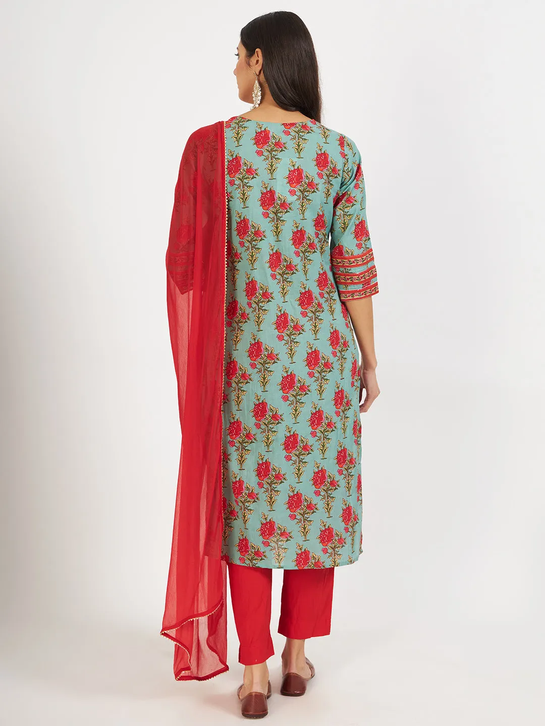 Divena Green Floral Print Cotton Kurta pant with Dupatta set