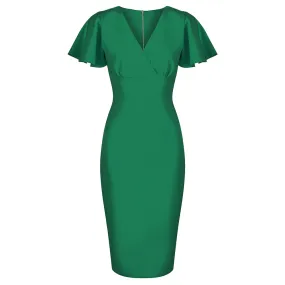 Emerald Green Half Sleeve Deep V Neck Crossover Top Wiggle Dress